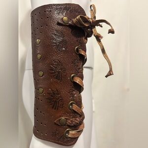 Aztec Handmade Ethnic Hand Stamped Brown Leather Bracer Cosplay Costume Larp